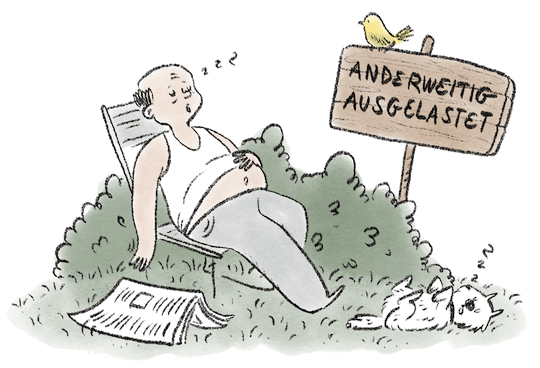 Comic eines Hundes und seines beleibten Besitzers, die zusammen im Garten sitzen